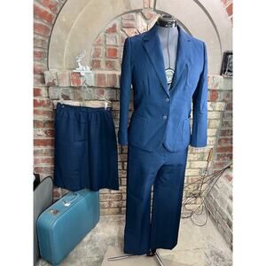 suit straight skirt wide leg pant blazer 1980s navy blue